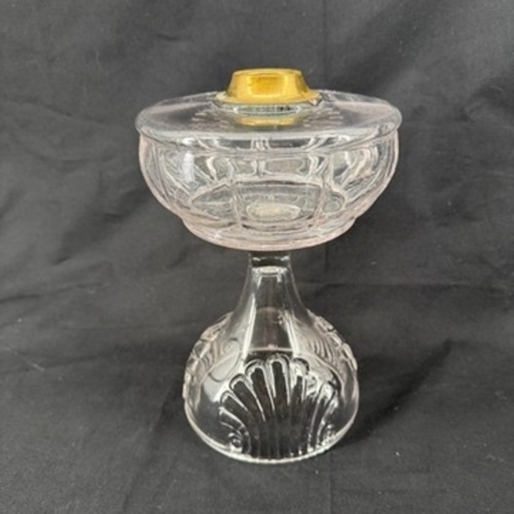 Vintage Clear Pressed Glass Oil Lamp Base Shell Scroll Pattern Brass 10in
